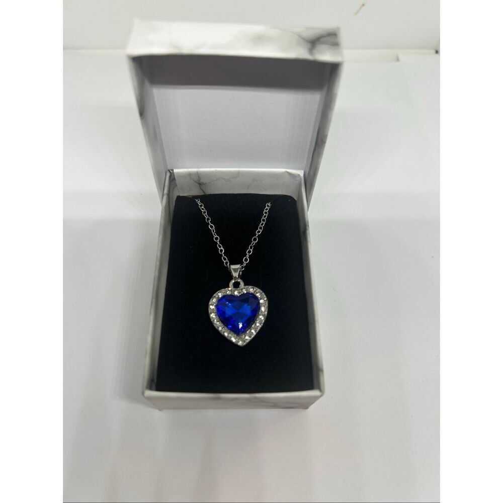 Blue Heart Pendant Necklace Crystal Rhinestone Silver Tone